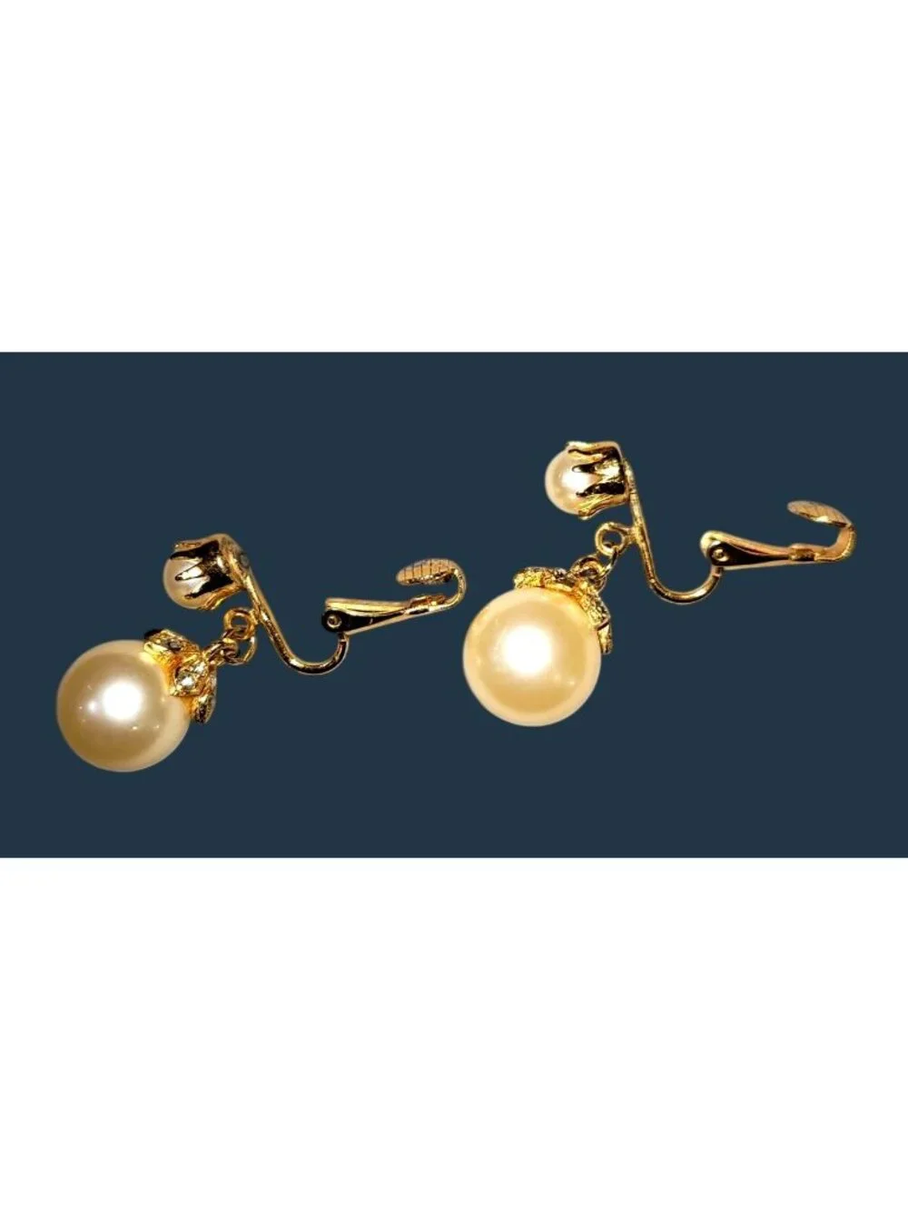 Vtg Gold Tone Clip-on Earrings Faux Pearl Drops with Small Crystal Cap Accents